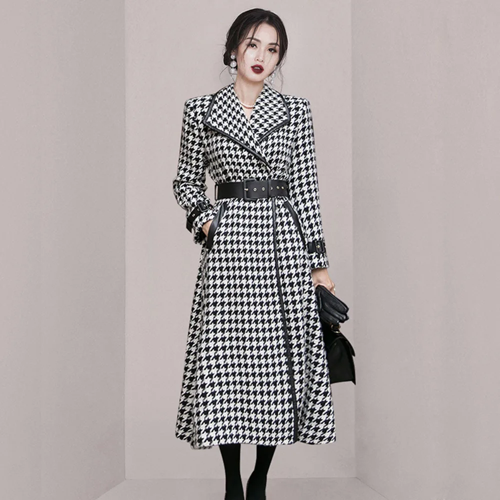 

Winter Vintage Houndstooth Wool Jacket Casual Notched Collar Plaid Long Woolen Blends Coats Elegant Womens Fashion Wool Overcoat