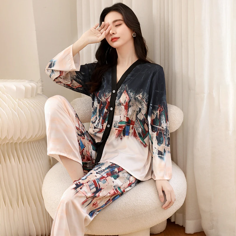 

Женский Атласный пижамный комплект весна-лето домашний костюм с длинными брюками модная одежда для сна с принтом шелковые пижамные комплекты ночная рубашка для женщин