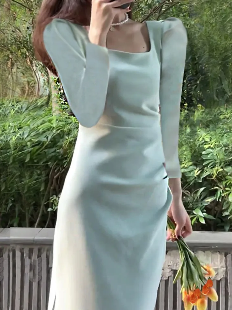 

New 2022 Fashion Women Elegant Long Sleeve Midi Black Dress Vintage Slim Split Party Vestidos Female Outerwear One Pieces Robe