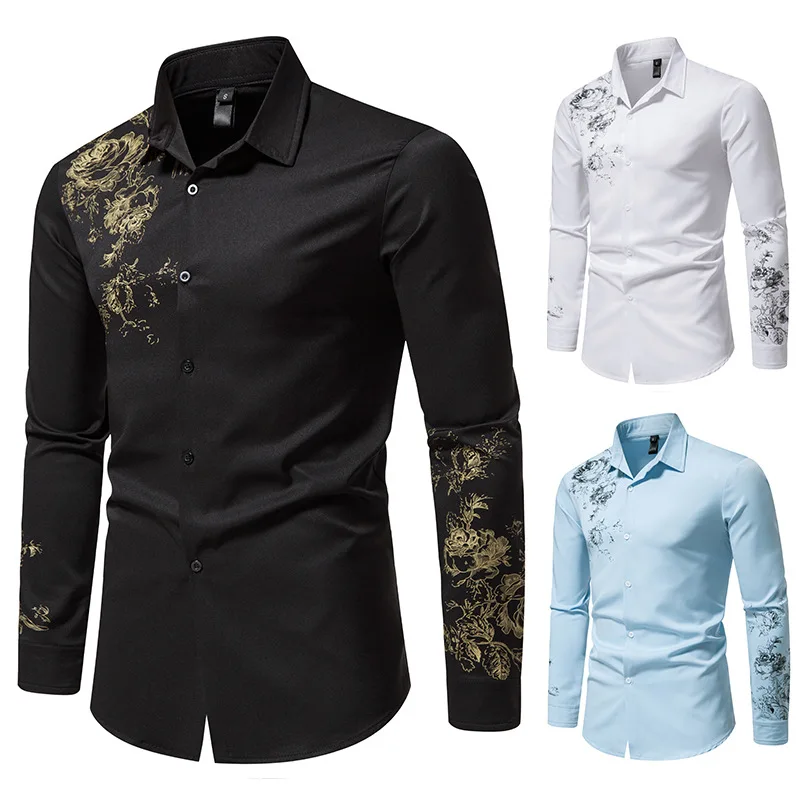 Trendy New European and American Fashion Floral Shirts Bronzing Printing Men's Long-sleeved Casual Fashion Shirts 2022 New