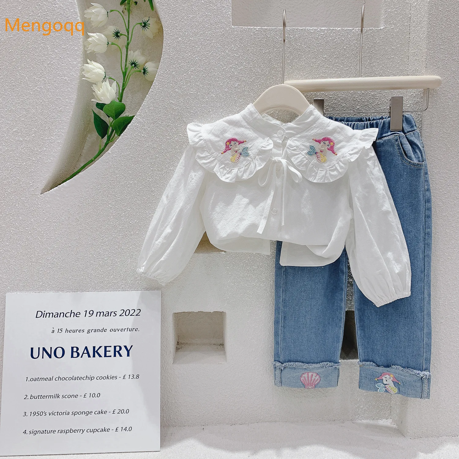 

kids baby girls autumn spring full sleeve embroidered top shirts blouses denim solid trousers children clothing set 2pcs 3-8Y