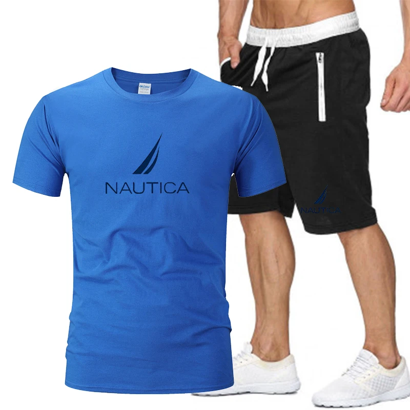Brand NAUTICA  Men's Two-Piece Sportswear Short-Sleeved Casual T-Shirt And Brawstring Shorts Summer Quick-Drying And Breathable