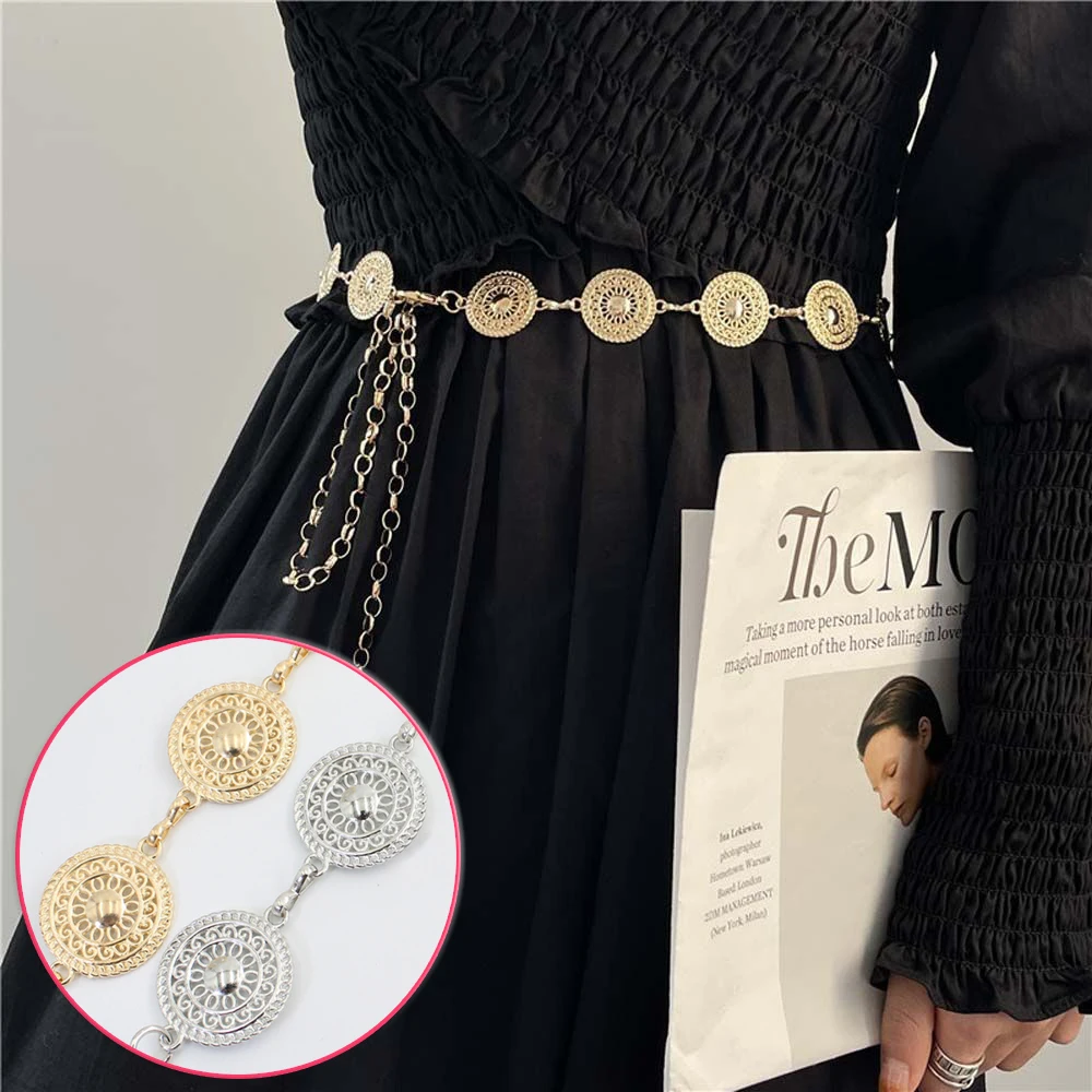 

Elegant Round Metal Belt For Women Retro Gold Silver Carved Hollow Out Chain Long Belts Fashion Dress Decorative Lady Waistband