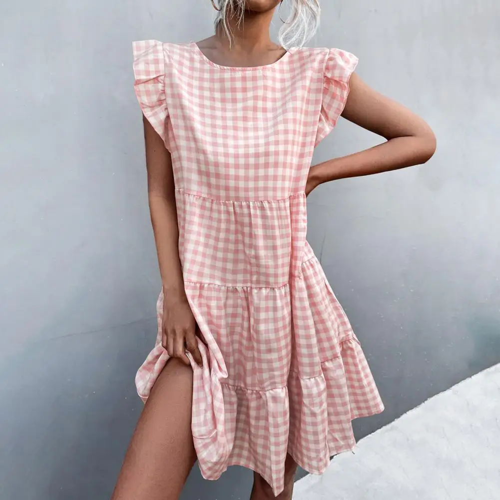 

Shirt Dress Plaid Ruffles Summer High Waist Above Knee Dress Streetwear