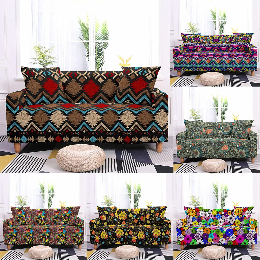 

Bohemia Flower Sofa Cover Tight Wrap Sofa Towel Stretch All-Inclusive Sofa Cover for Living Room 1/2/3/4 Seat Slipcovers