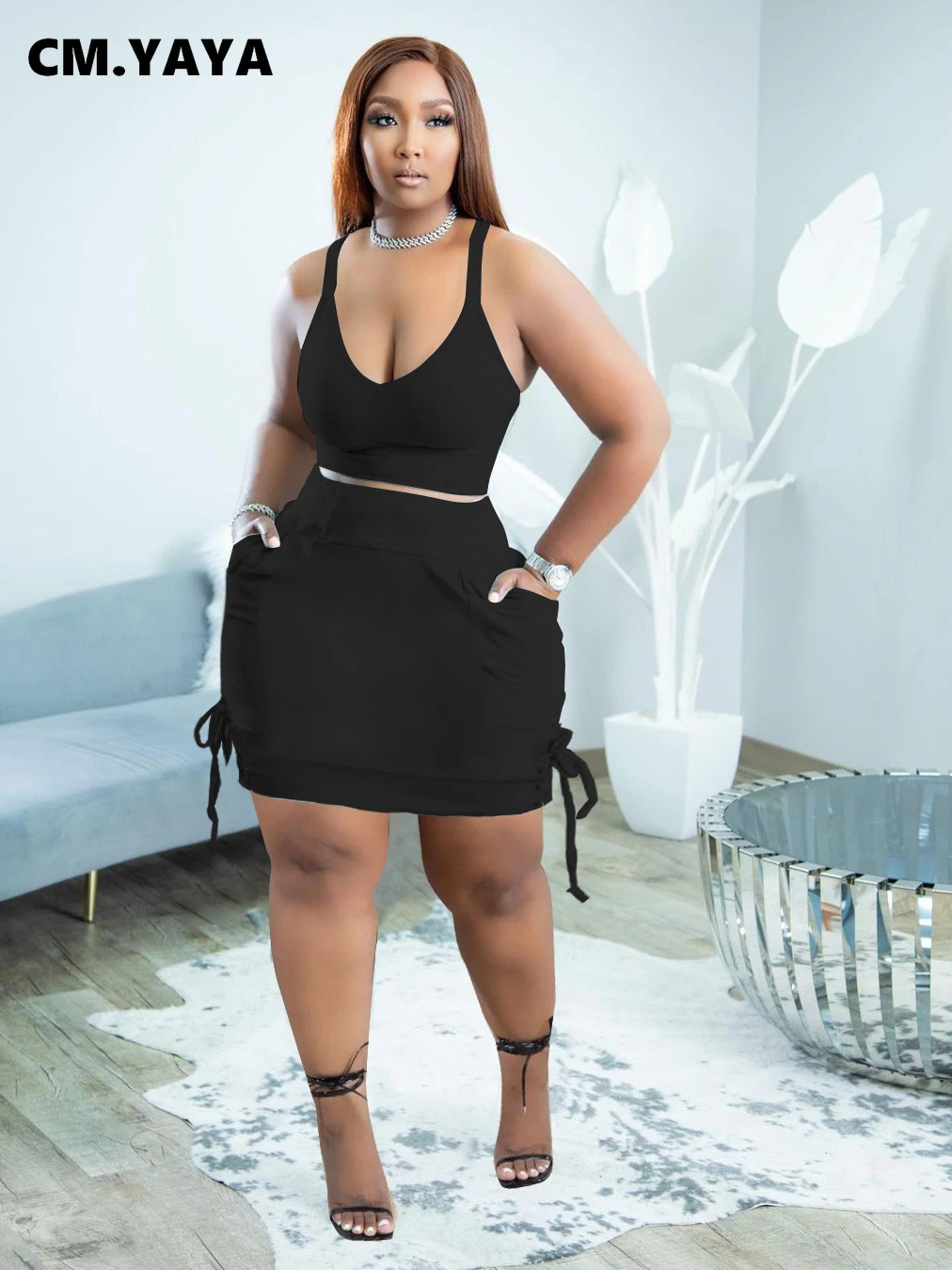 

Женская тренировочная юбка средней длины CM.YAYA, однотонная мини-юбка с люверсами и V-образным вырезом, комплект из двух предметов, 2022