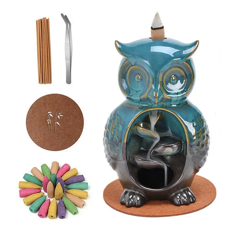 

Ceramic Owl Incense Burner Holder Stand Cones Backflow Censer Fountain Waterfall Incense Burner Home Office Ornaments Decoration