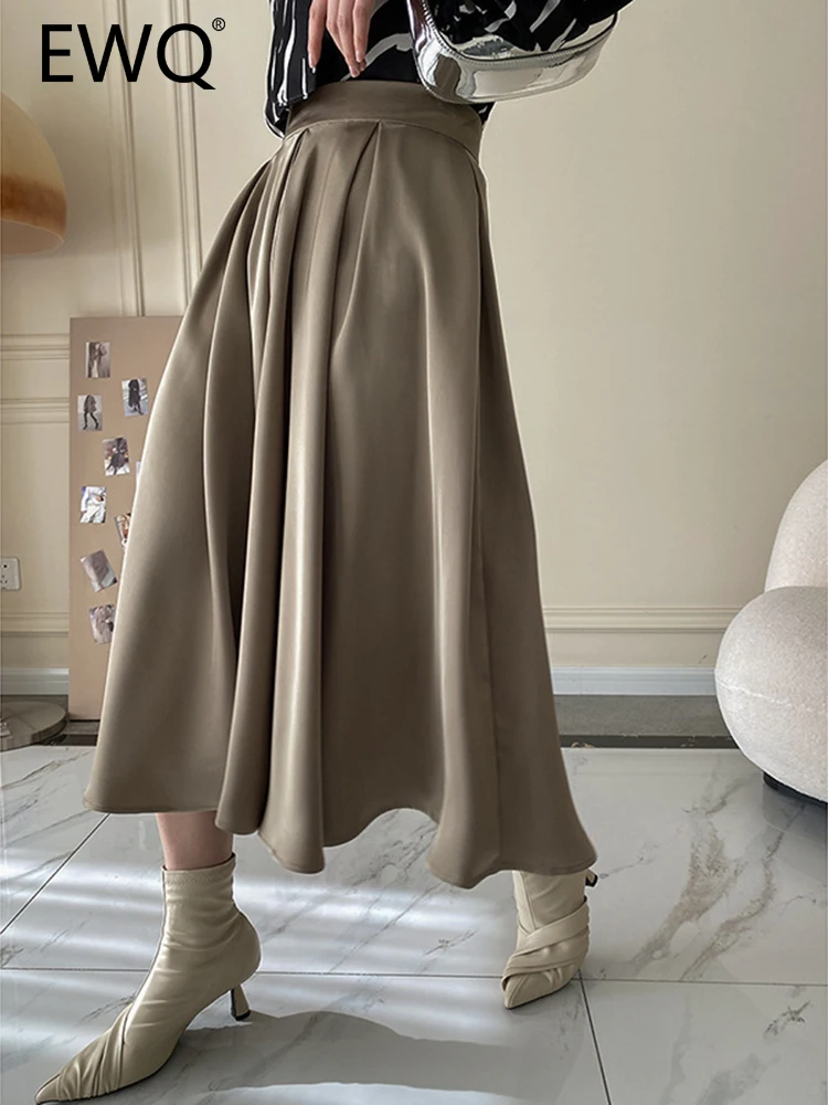 

EWQ Satin Pleated Skirts For Women High Waist Medium Length Solid Color Soft Ladies Elegant Clothes 2023 Spring New 26D285