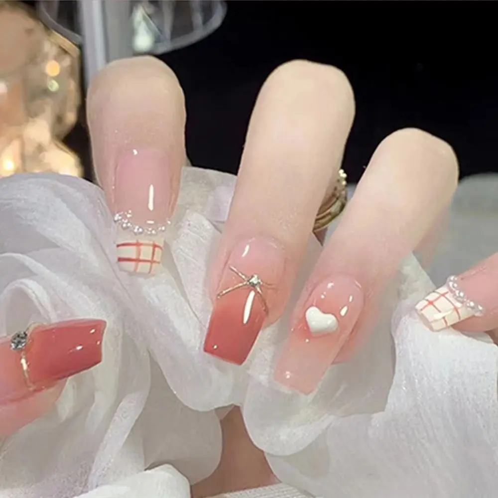 

24pcs Square Nails Art Long Coffin White Love Heart False Nail Elegant Full Cover Fake Nail