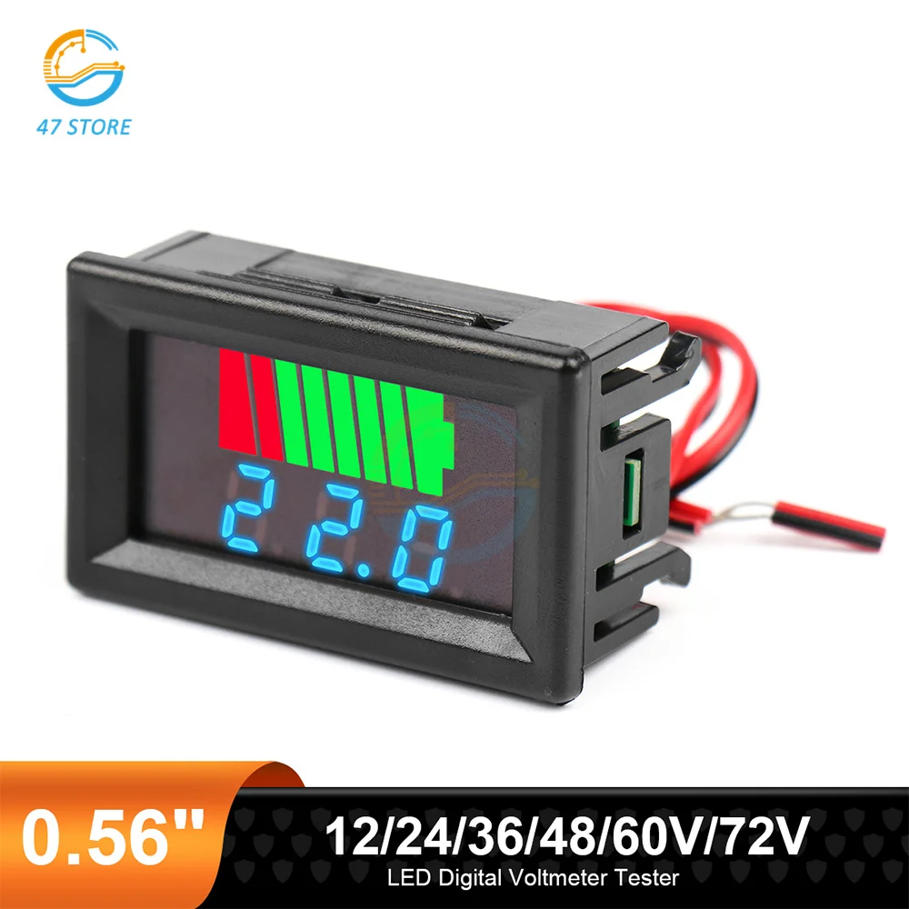

0.56" LED Digital Voltmeter Tester 12/24/36/48/60V Lithium Battery Capacity Meter Battery Level Indicator LED Voltmeter Tester