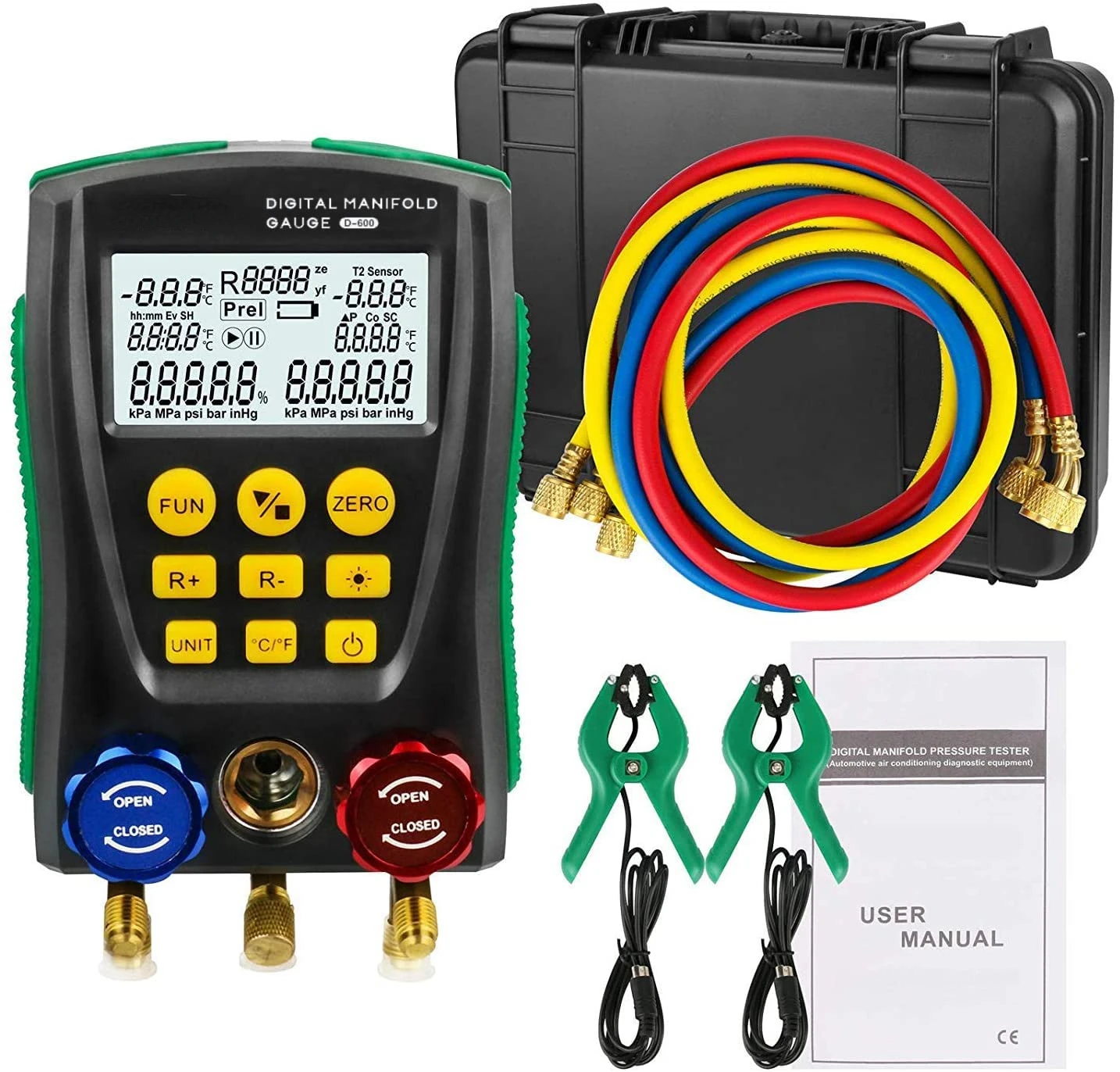 

Digital Manifold HVAC System Gauge Set with Temperature Clips and Hoses