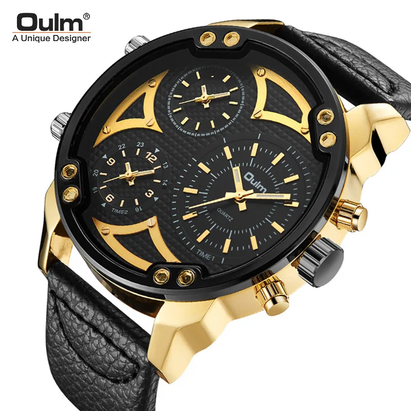 

Oulm Watches Big Size Dial Military Quartz Watch Multiple Time Zone Leather Strap Male Wristwatch Men Clock Relogio Masculino