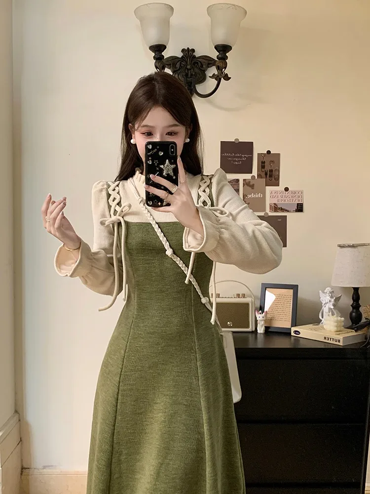 Плюс размер Chubby Girl French sle Retro Fake Two Pieces Базовое платье с длинными рукавами зимнее