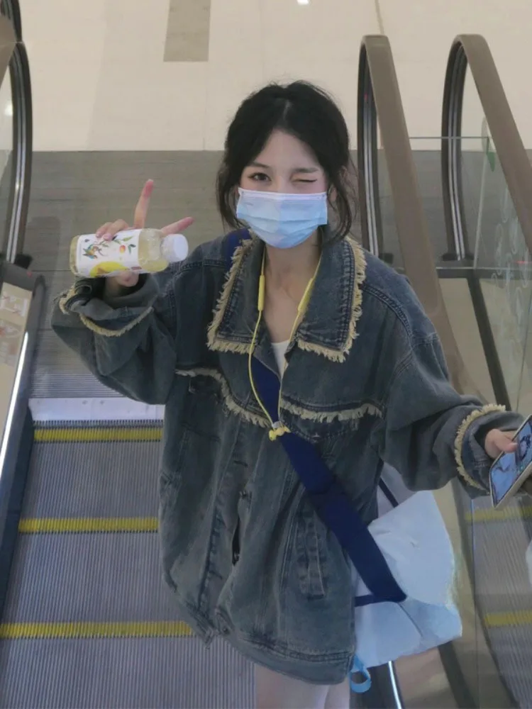 

2023 Autumn Pocket Jean Jackets Women Tassels Patchwork Y2k Aesthetic Loose Casual Coats Vintage All Match Harajuku Veste Femme