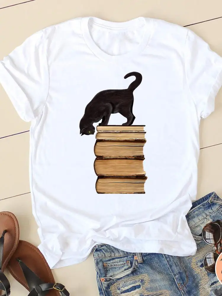 

Print T-shirts Short Sleeve Ladies Summer Casual Clothing Women Cat Book Vintage Trend Fashion Female T Clothes Graphic Tee