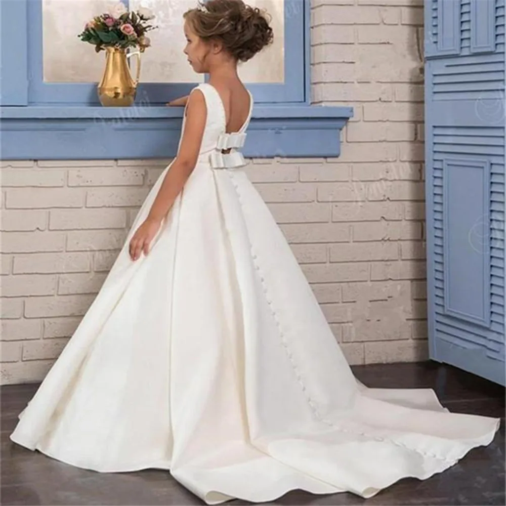

White Ivory Satin Flower Girl Dresses For Wedding Birthday Party Sleeveless Custom Made First Holy Communion Pageant Dresses