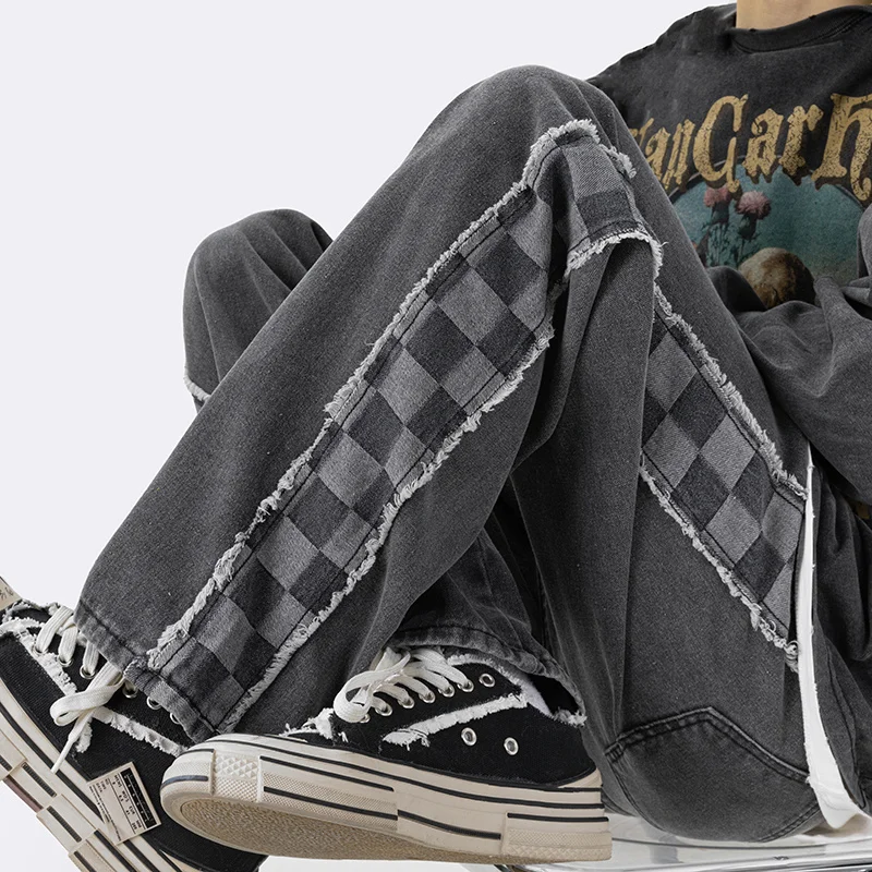 Blue Grey Baggy Jeans Men Fashion Vintage Plaid Jeans Men Japanese Streetwear Hip-hop Loose Straight Denim Pants Mens Trousers