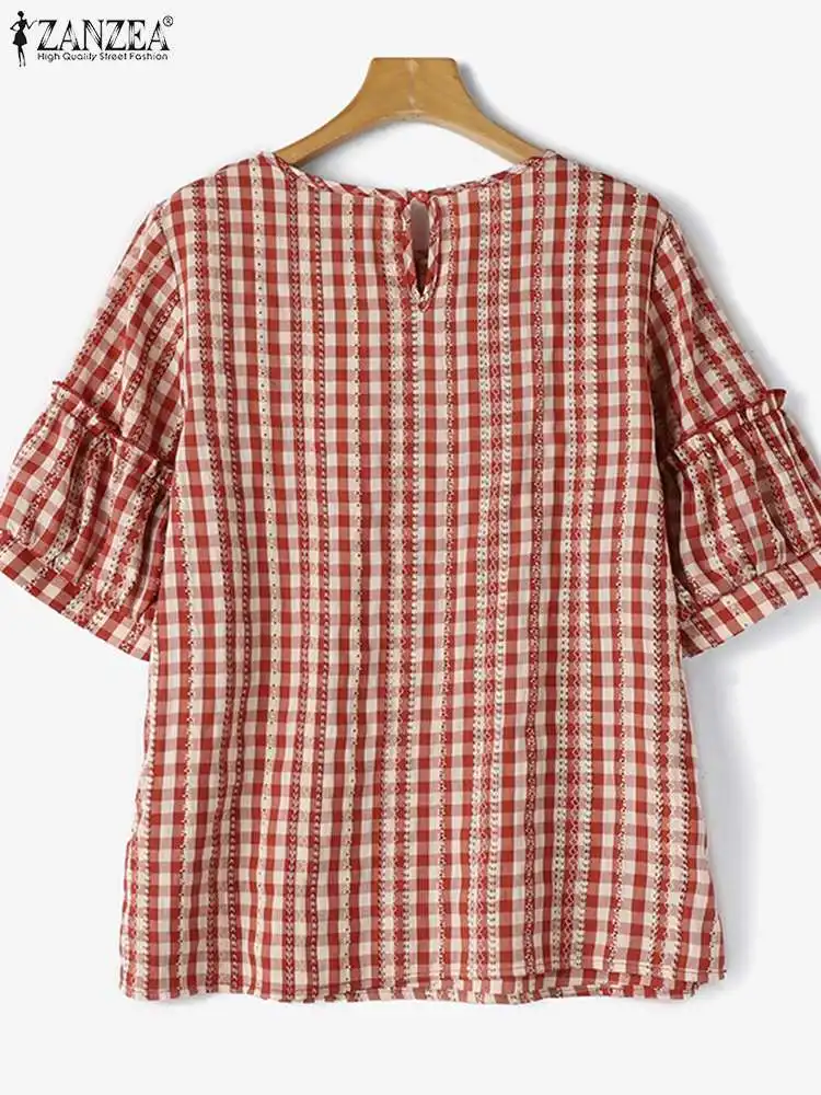 Летняя Блузка ZANZEA женские элегантные топы в клетку с рукавами-фонариками