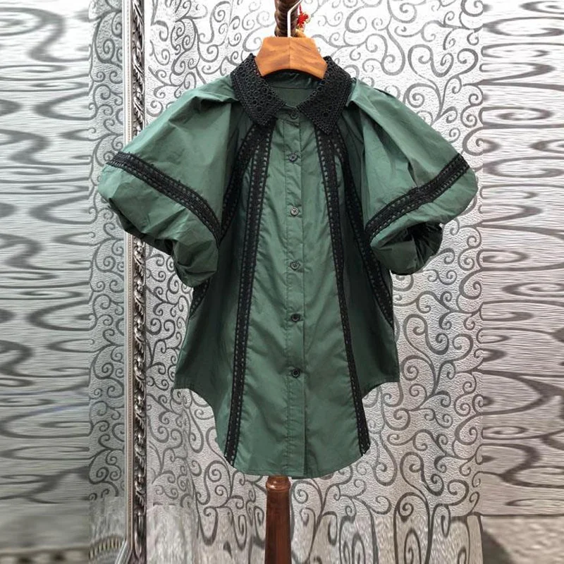 

Блузка женская с кружевным воротником, модная рубашка с коротким рукавом, в полоску, белая, в винтажном стиле, на лето