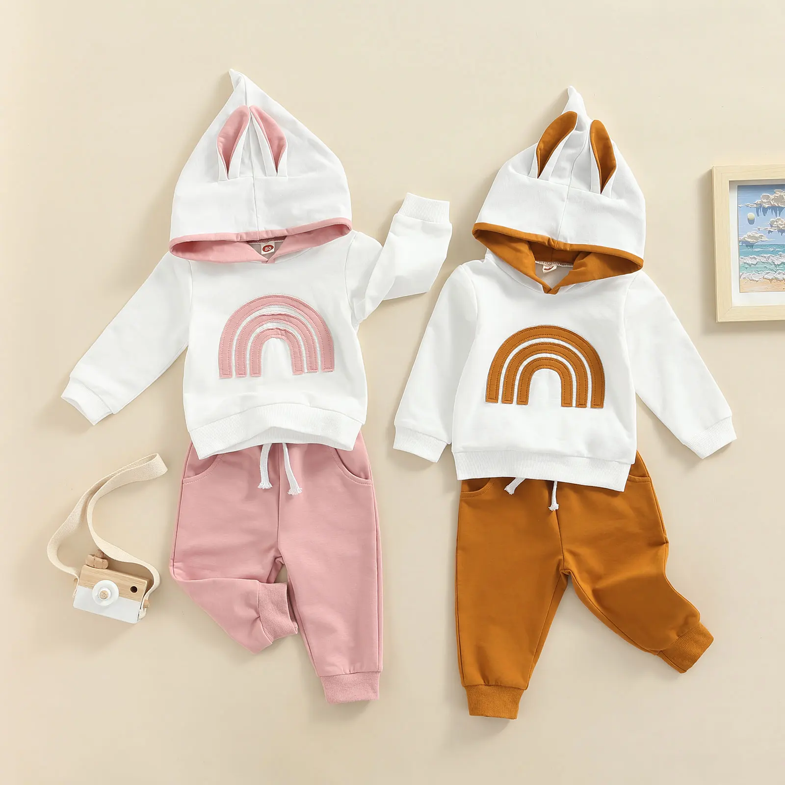 

TR New Autumn Kids Baby Girls Boys Suit Set Rainbow Patterns Long Sleeve Hooded Tops+ Pants Spring Clothes 0-3Years