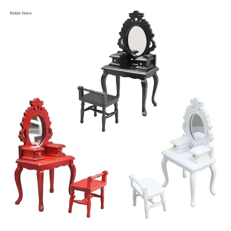 

Retro Furniture 1/12 Miniature Makeup Table Chair Model Teens Dollhouse Accs