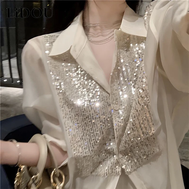 

Sequins Patchwork Long Sleeve Women Shirt Elegant Fashion All-match Cardigan Shirt Lady Top Sunscreen Blouse Summer Streetwear
