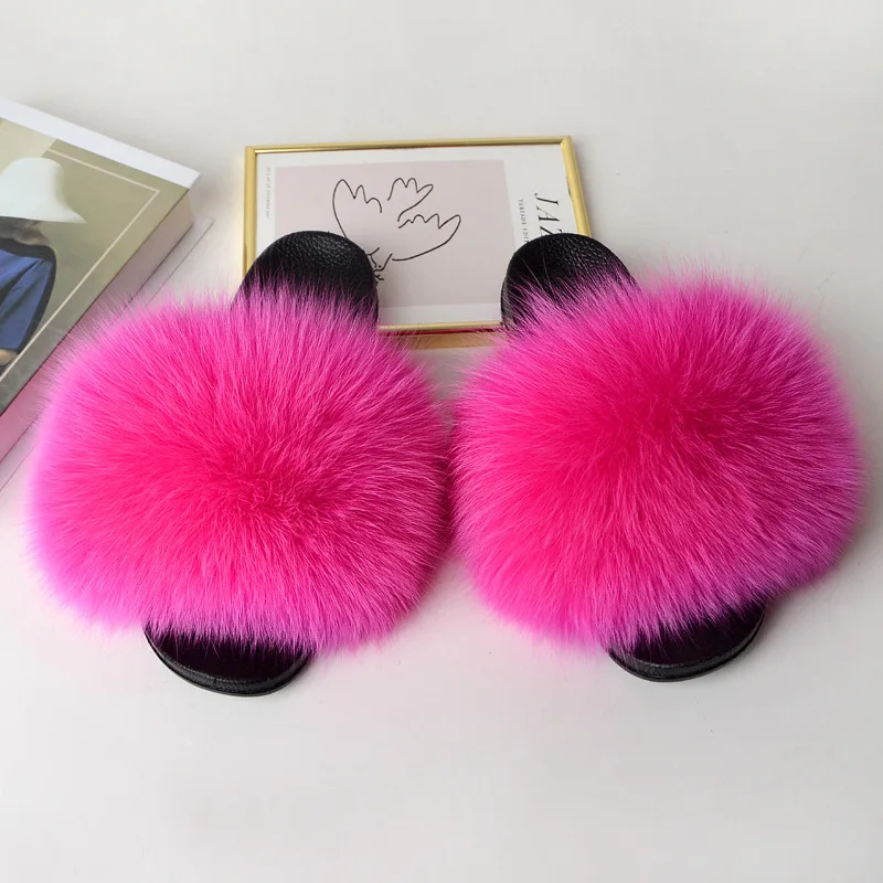 

2022 New Fashion Women Slippers Summer Shoes Flat Real Fox Fur Slippers Fluffy Ladies Shoes Luxury 34 35 36 37 38 39 40 41 42 43