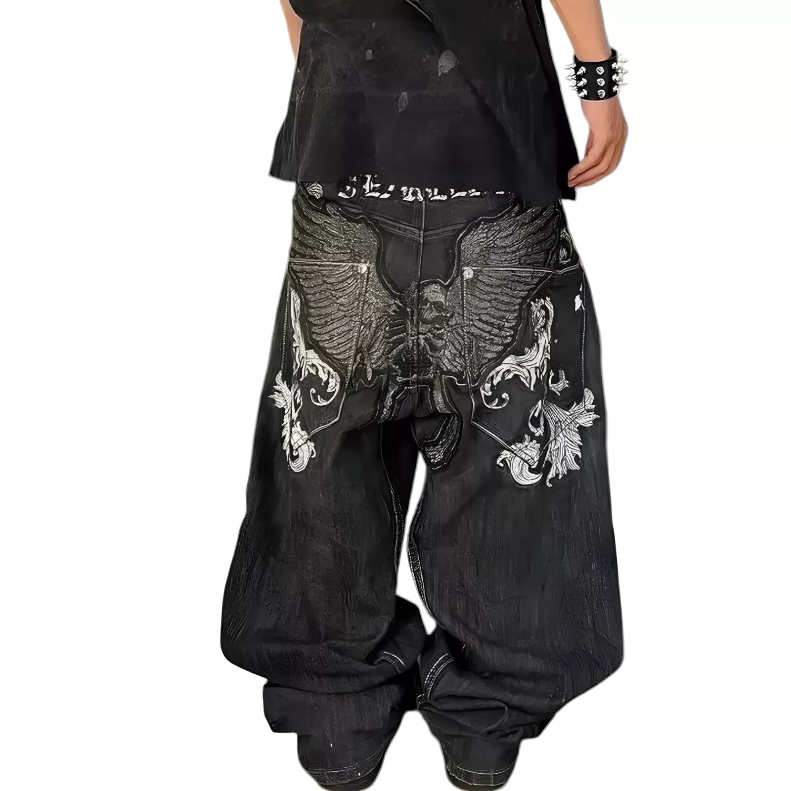 Винтажные мешковатые джинсы с вышивкой крыльев черепа | AliExpress