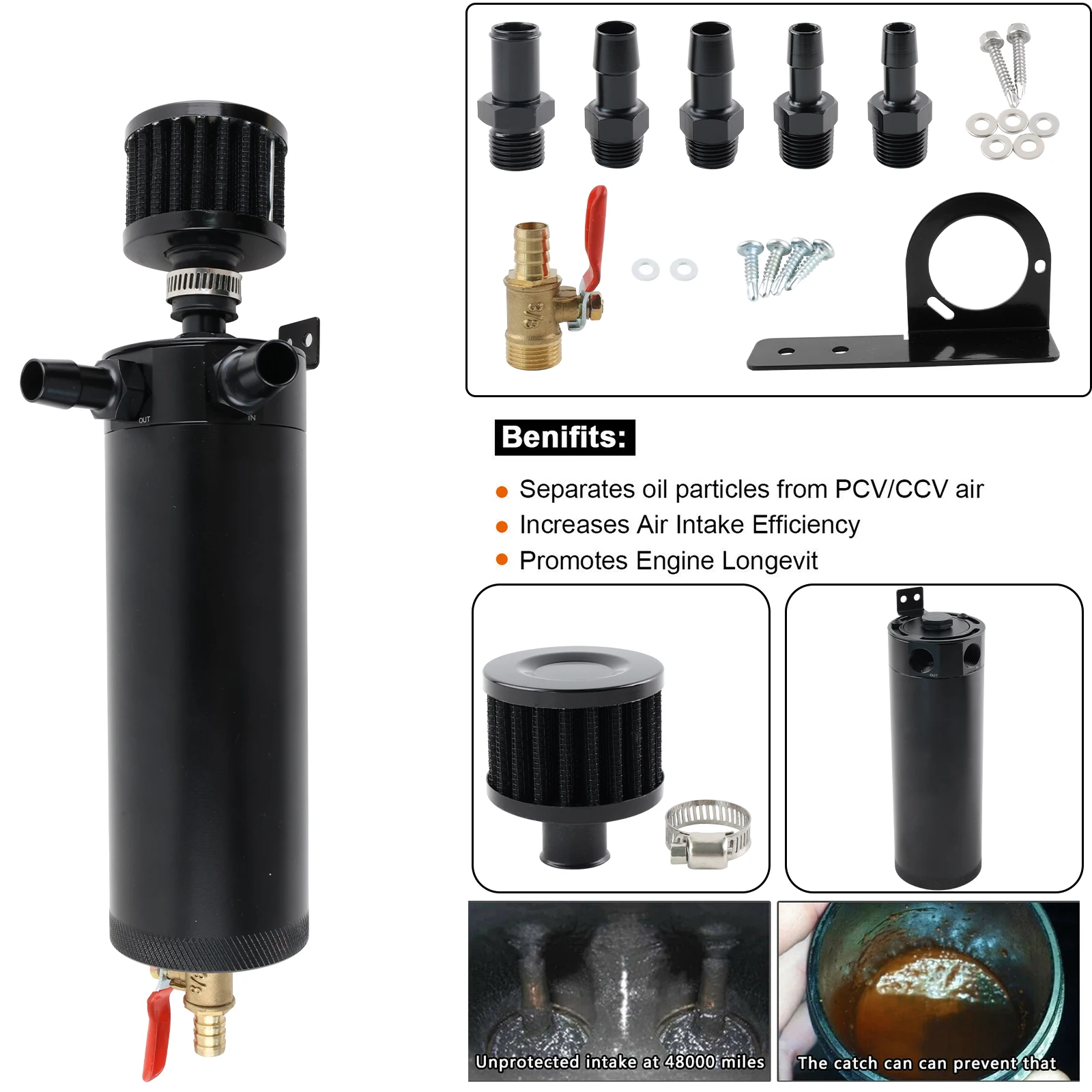 

Набор черных маслоуловителей на 750 мл, универсальный двухпортовый маслоуловитель с перегородкой, резервуар с дыхательным фильтром и дренажным клапаном