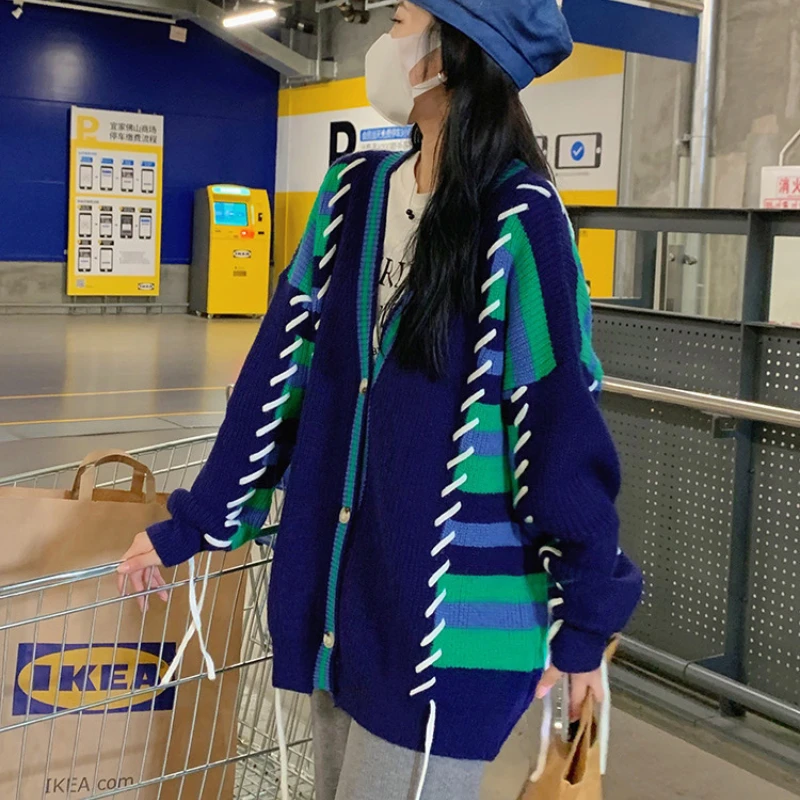 

Женский трикотажный кардиган в контрастную полоску, Свободный Повседневный трикотажный свитер с длинным рукавом и V-образным вырезом, Осень-зима 2022