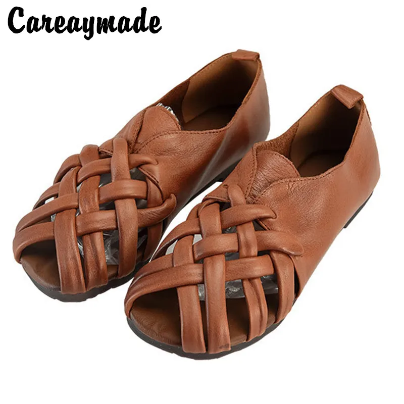 

Женские сандалии Careaymade из натуральной кожи, оригинальные винтажные плетеные мягкие туфли ручной работы с открытым носком