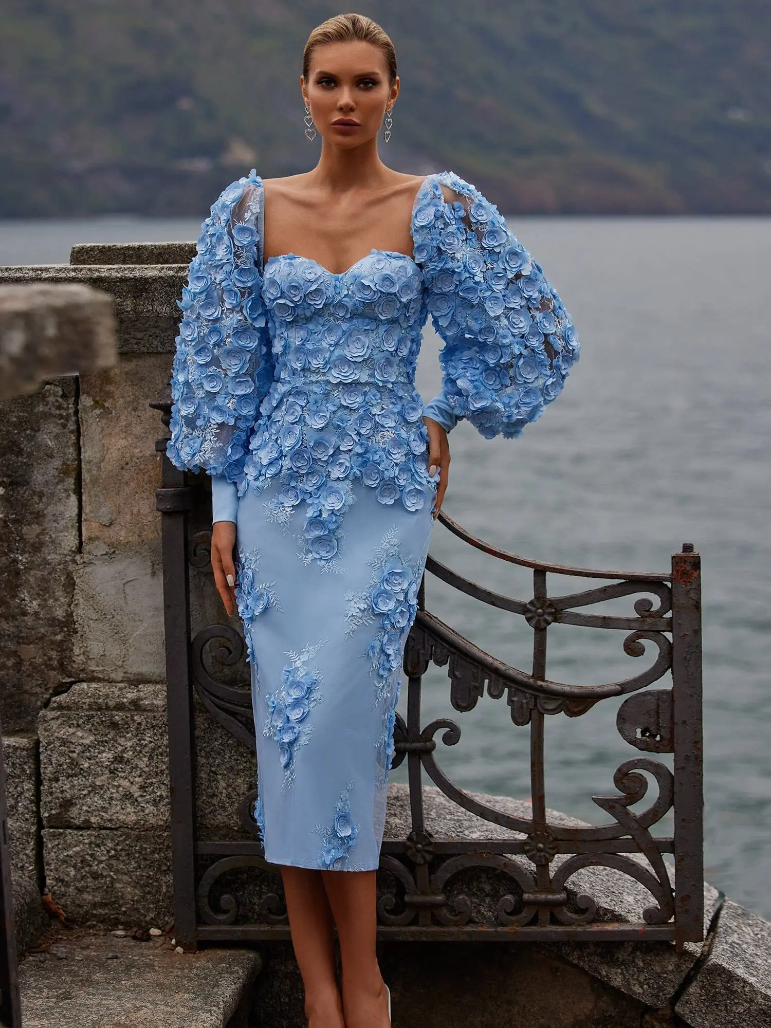 

Gorgeous Blue Mermaid Prom Gown Sweetheart Long Puff Sleeves 3D Floral Appliqued Evening Dress Tea Length Robes De Soriee Custom