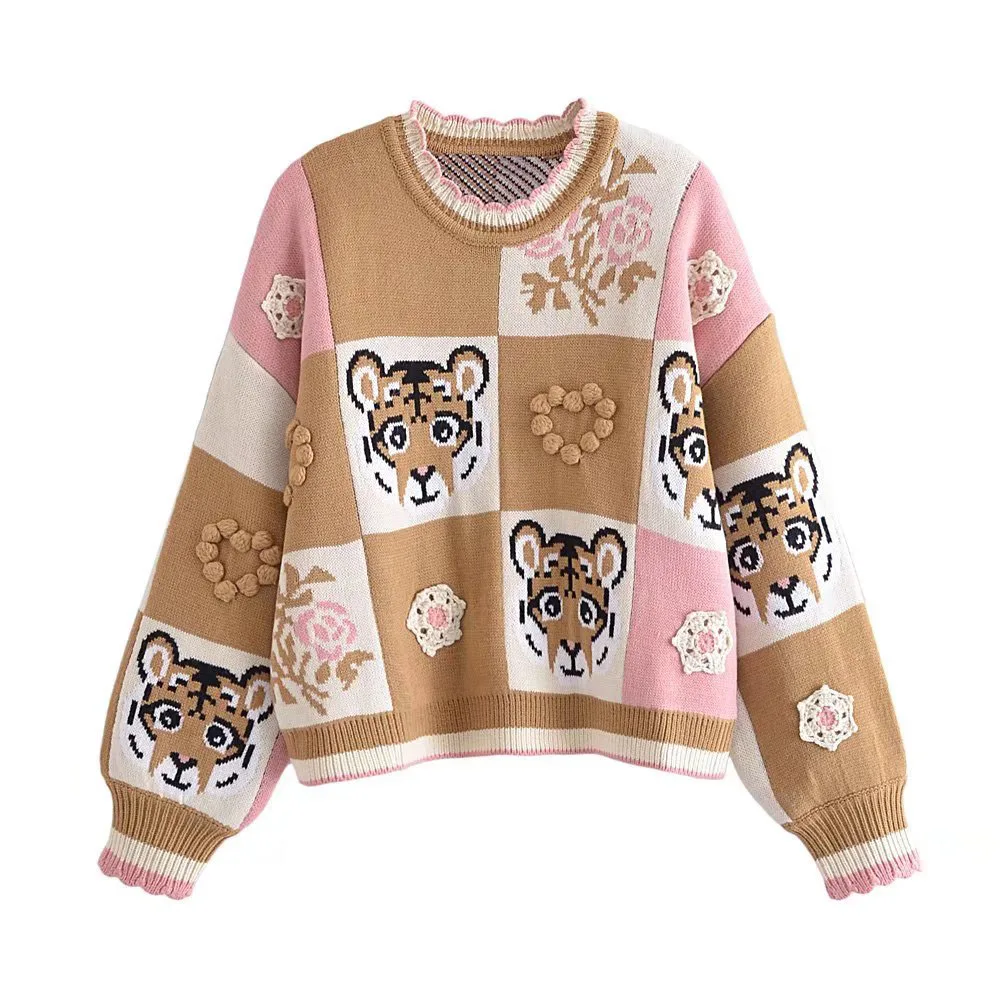 

2022 Women New Fashion animal pattern jacquard Knitted Sweater Vintage O Neck Long Sleeve Female Pullovers Chic Tops