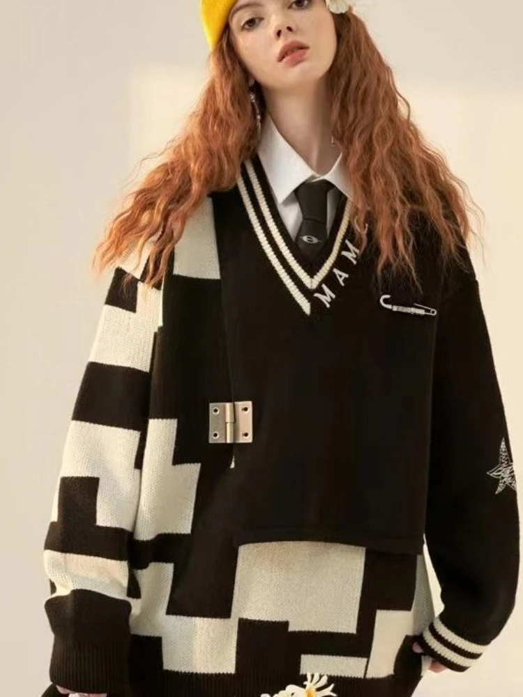 

Винтажные модные пуловеры с V-образным вырезом, лоскутные клетчатые контрастные цвета, BF, осенне-зимние свитера, Женские повседневные свобо...