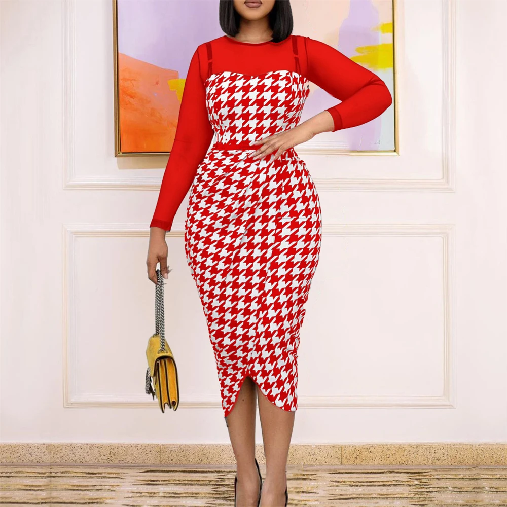 

Elegant Print Pencil Packeage Hip Party Dress Women 2022 Summer Sexy See-Though Mesh Patchwork Bodycon Mid-Calf Dresses Robe