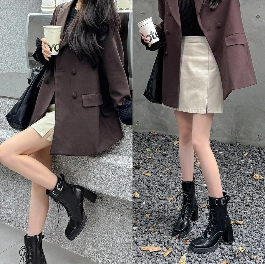 Ботильоны на блочном каблуке с квадратным носком и шнуровкой боковая молния