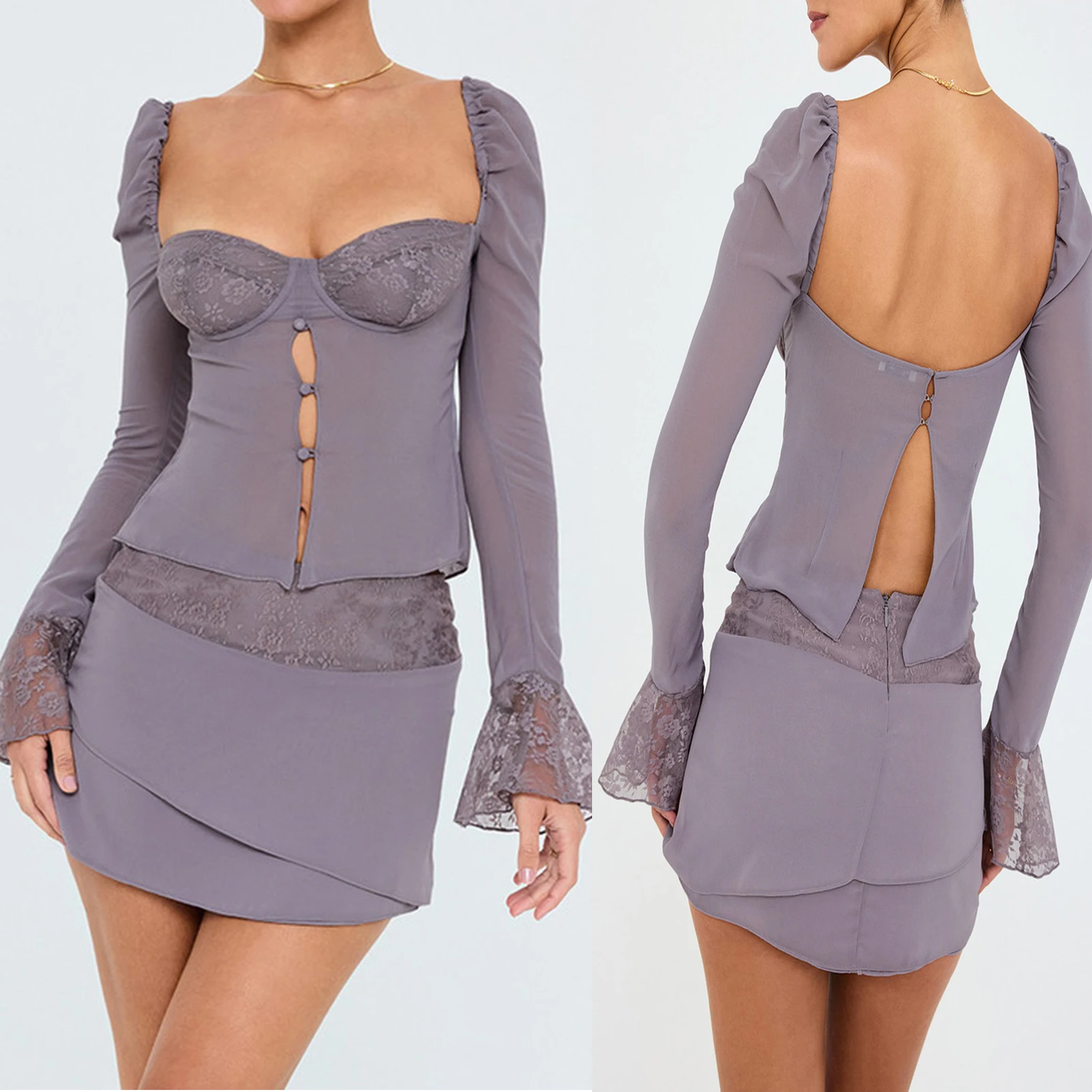 

Lace Floral Print 2 Piece Skirt Set Sexy Puff Sleeve Ruched Cut out Crop Top Zipper Mini Skirts Sets Women Vacation Outfit 2023