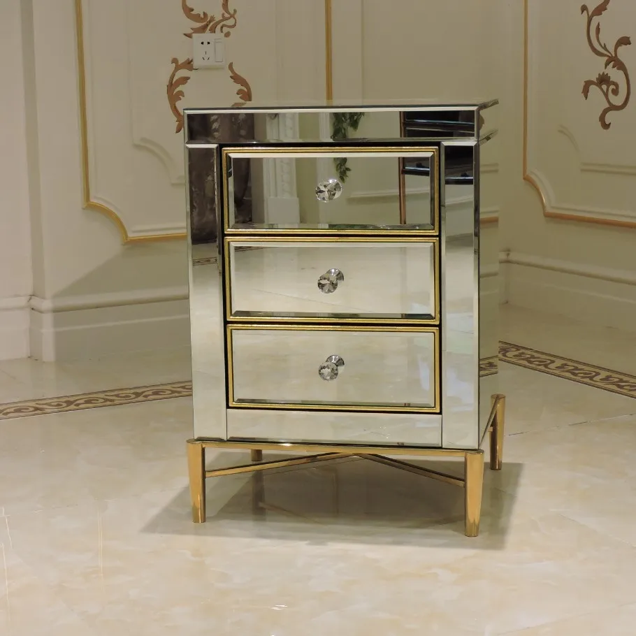 

Luxury Hot Sale New Design Mirrored Bedside Table with Three Drawers Stainless Steel Mirrored Furniture Nightstand