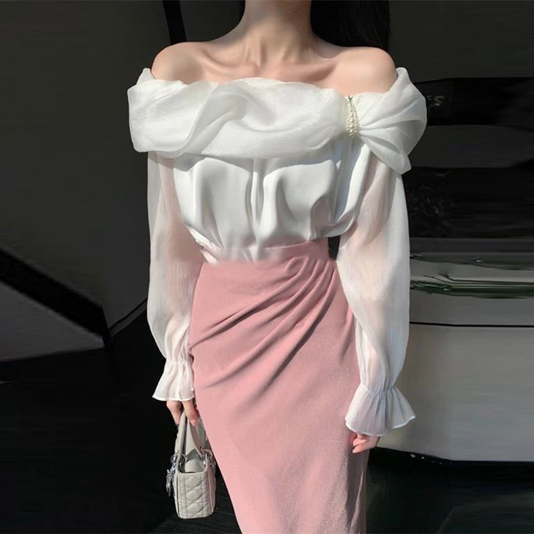 

Sweet design one shoulder shirt women's 2022 autumn new loose niche chic blouse top blusas femininas elegantes blouse women