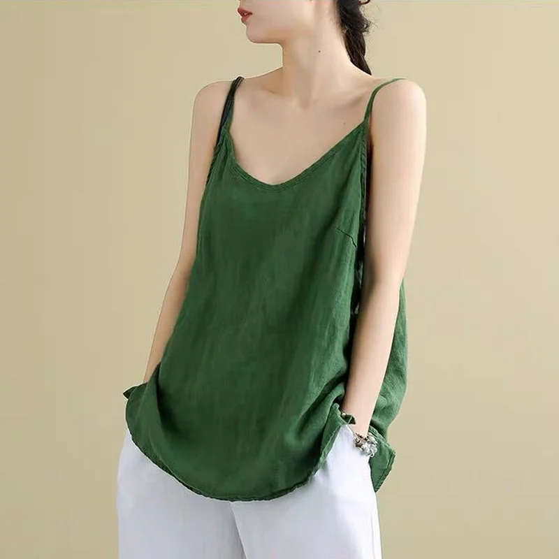 Women's Tops Spaghetti Strap Camis Cotton Linen V Neck Loose Tank Sleeveless Linens Casual Women Summer Camisole | Женская одежда