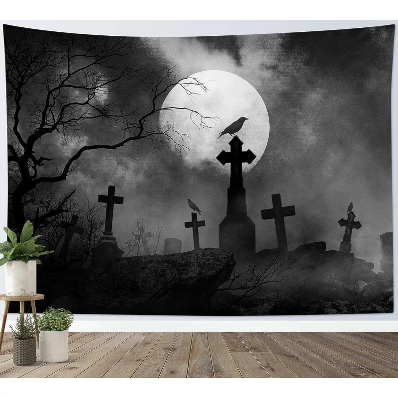 

HVEST Halloween Tapestry Full Moon Black Crow Tombstone Dead Tree Tapestry for Bedroom, Scary Grey Cemetery Forest Wall Decor Bl