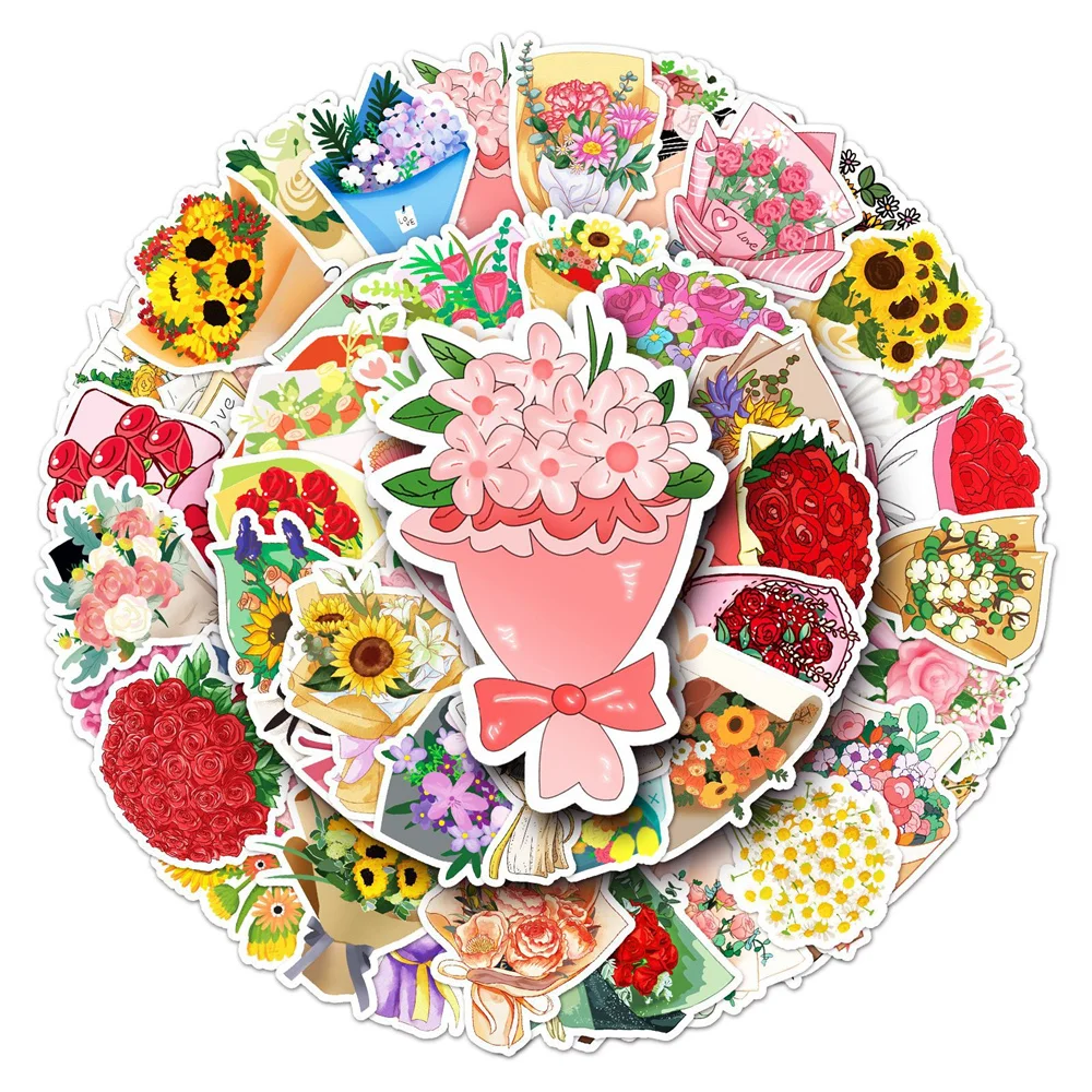 

50pcs Cartoon Love Flower Bouquet Stickers For Suitcase Stationery Laptop DIY Girl Sticker Scrapbooking Material Craft Supplies