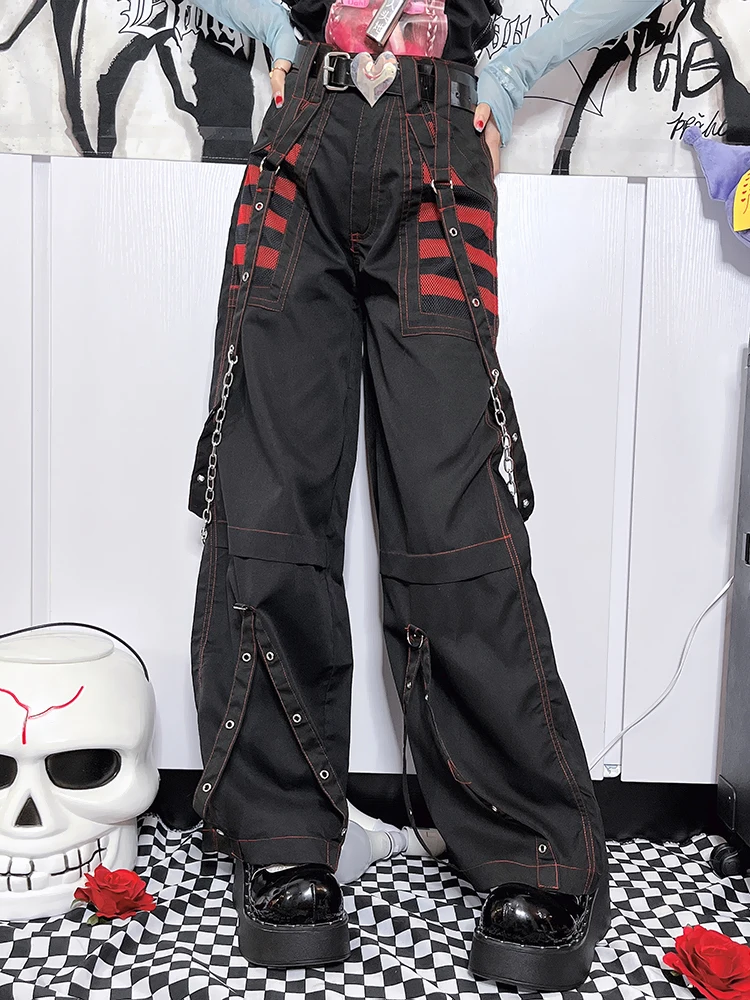 

Trendy Contrast Color Patchwork Design Women Gothic Style Pants Female High Waist Loose Wide Leg Trousers High Street Aesthetic