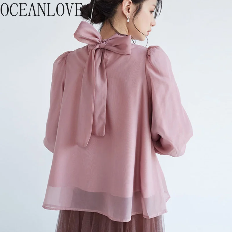 

Lantern Sleeve Women Blouses Bow Japan Style Spring Autumn Sweet Blusas Mujer Oice Lady Solid Elegant Shirts