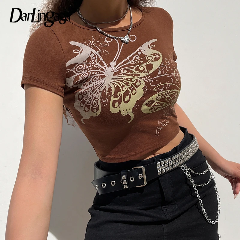 

Darlingaga Streetwear Y2K Fairycore Grunge Vintage Brown Crop Top Short Sleeve T-shirts Butterfly Printed Cute Summer Tee Shirts