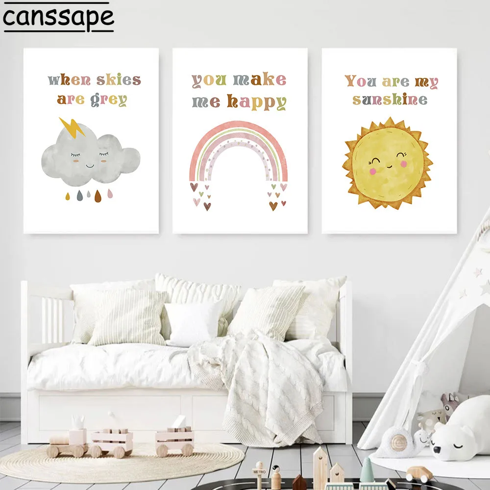 

Nursery Wall Poster Kids Bedroom Posters Rainbow Canvas Painting Sunshine Wall Pictures Cloud Art Prints Nordic Decoration