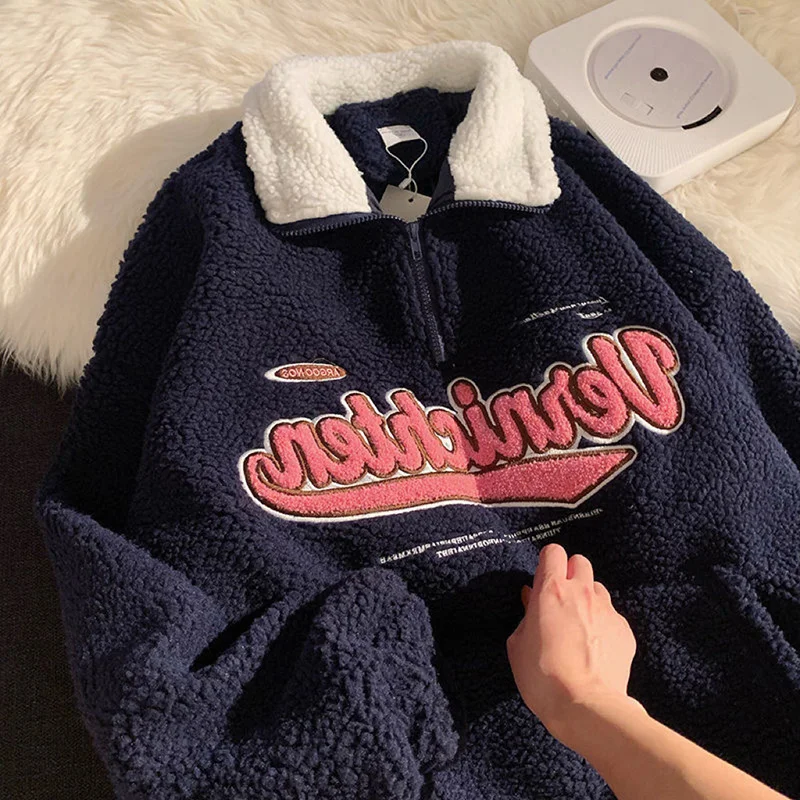 

New Vintage Punk Sweatshirts Women Casual V Neck Long-sleeved Letter Embroidery Hoodie Harajuku Baseball Oversized Pullover Tops