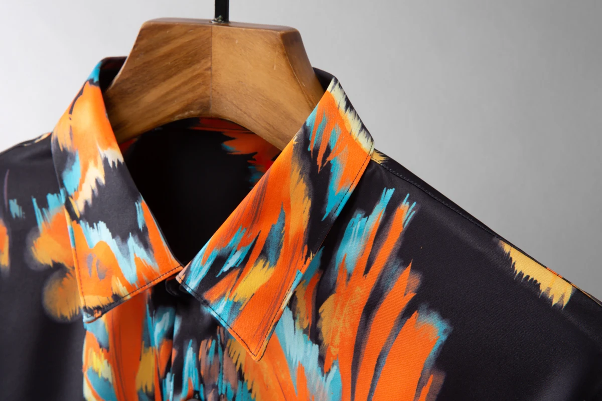 Autumn Floral Gradient Men's Casual Shirt Handsome Men's Silk Flower Shirt Business Social Party Tuxedo Blouse Camisa Masculina