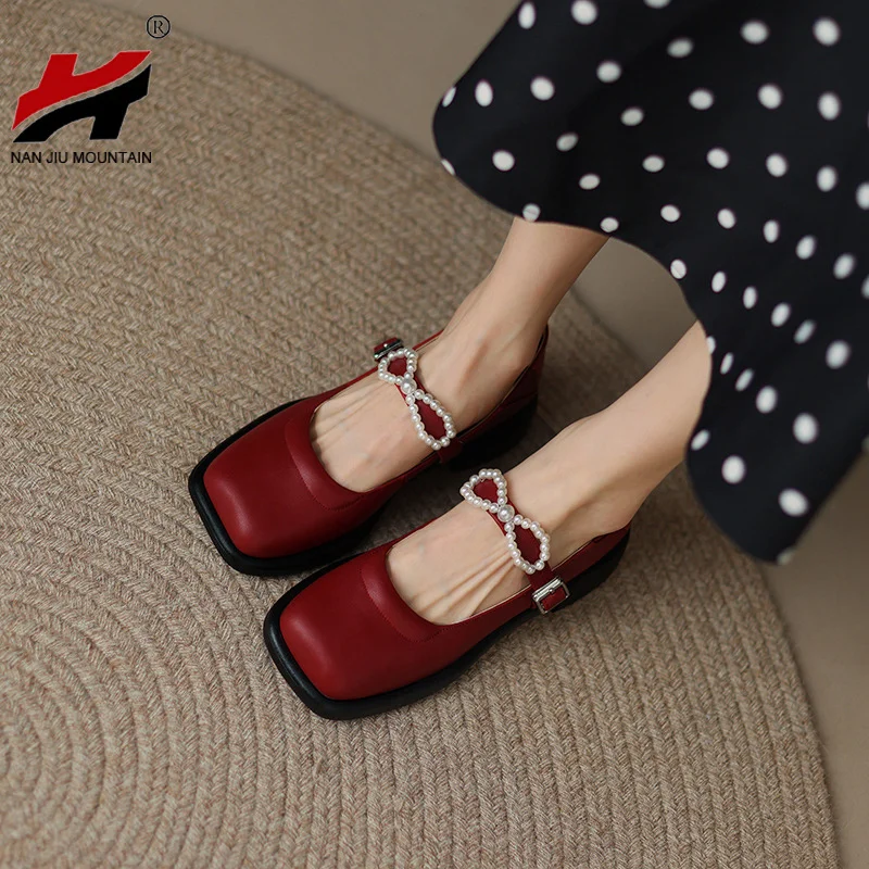 

Женские кожаные туфли на плоской подошве, Туфли Мэри Джейн с квадратным носком, жемчужинами, бантом и пряжкой, весна-осень 2022