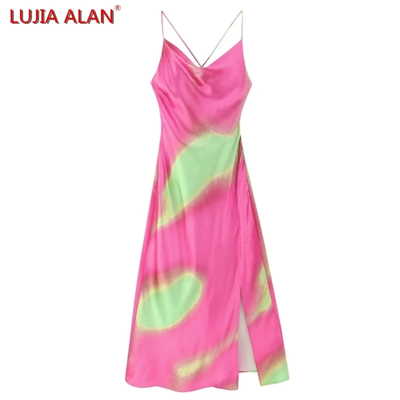 

Summer New Women Tie Dyeing Printed Satin Side Slit Sling Midi Dress Female Casual Sexy Backless Vestidos LUJIA ALAN WD2761